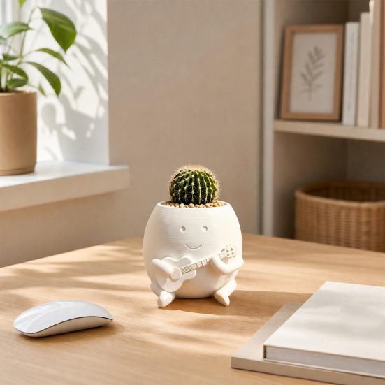 Guitarist Big Head Planter, Cute Smiling Face Flower Pot, Fun Guitar Player Plant Pot for Succulents Cacti Desk Shelf