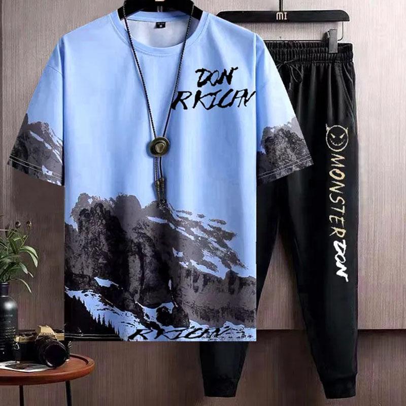 T-shirt estiva da uomo nuovo alla moda completo di pantaloni in seta di ghiaccio versione coreana taglia grande casual da uomo tendenza Ins selvaggio e bello