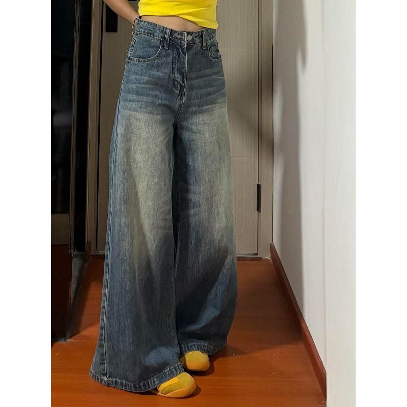 

Retro Worn Looking Washed-out Wide Leg Denim Women s Summer 2025 New Arrival High Waist Loose Drooping Slimming Mop Trousers Retro Blue pants 155-165 L