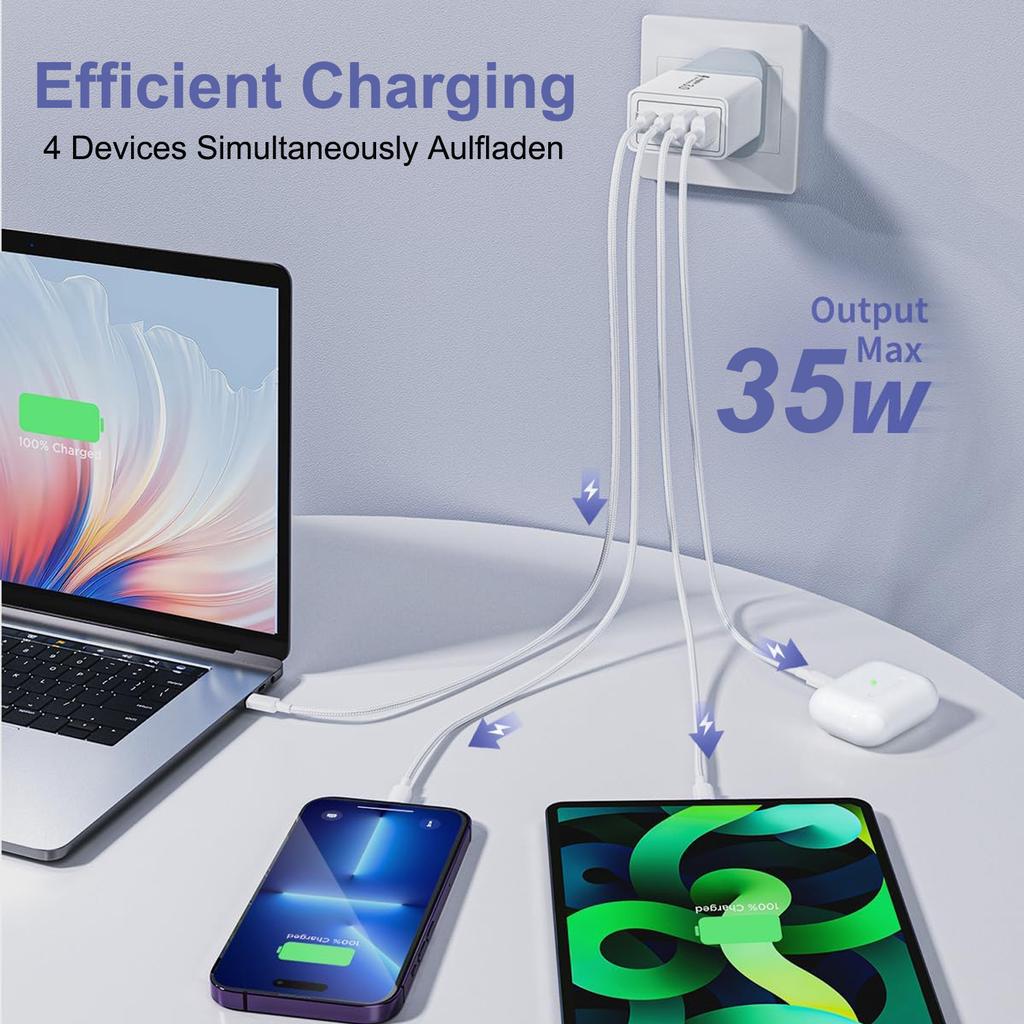 35W UK Wall Plug Multi-Port USB-C/USB-A Phone Adapter Wall Charger, Dual PD Fast Charging Block Fast Charger for