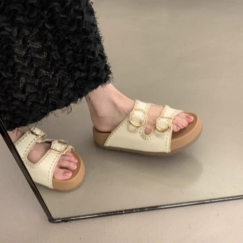 Soft leather version~ thick-soled slippers women's summer wear new one-word slippers high-end cool slippers