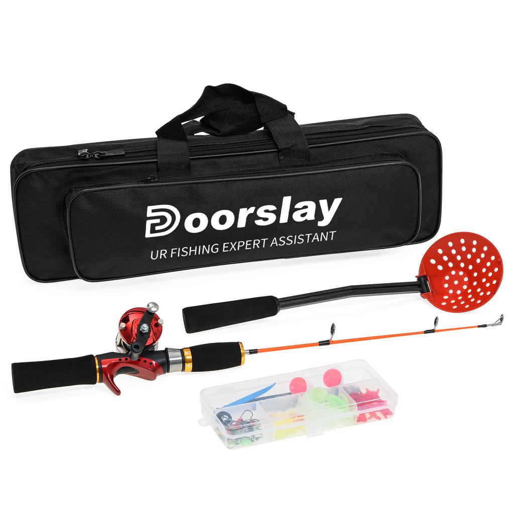Doorslay Ice Fishing Rod Reel Combo Complete Kit with Ice Skimmer Scoop and Carry Bag Lures Hooks Swivels Accessories