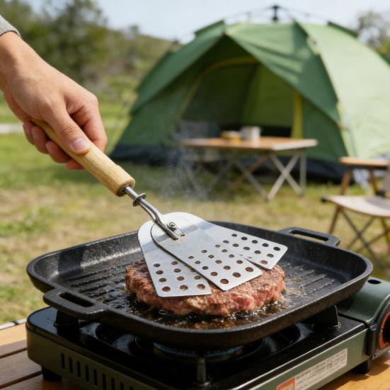 Three-Blade Grooving Shovel Stainless Steel Foldable Spatula with Wooden Handle Easy Clean Heat Resistant Cooking Tool