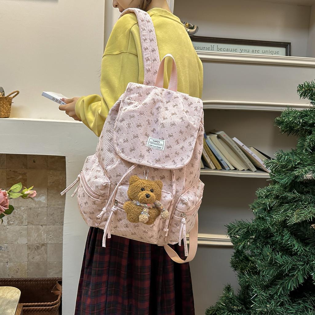 Schoolbag Sweet Bow Fashion School Bag Female College Student Class Commuter Backpack Winter New Cute Corduroy Backpack