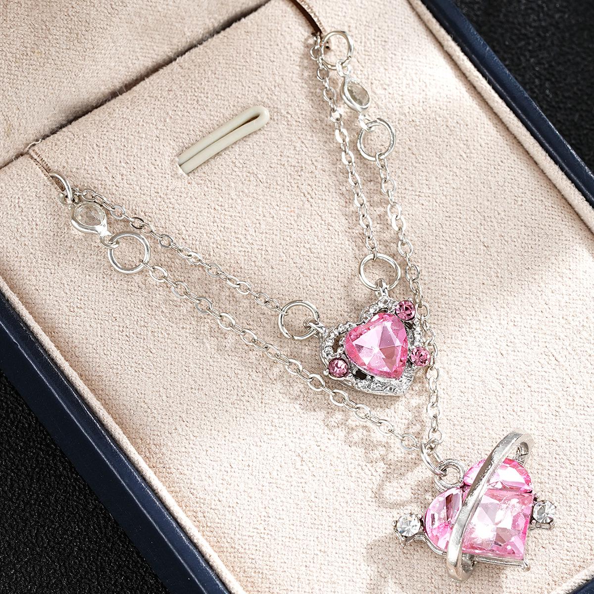 

Pink Diamond Heart Necklace - Light Luxury Student Style with Sweet Girlish Charm and Angelic Planet Design
