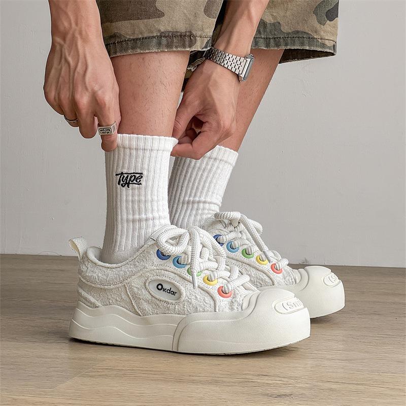 58093 White Deer Smiler Open Smile Canvas Shoes Inner Height Increase Thick Sole Round Head Black and White Big Head Shoes