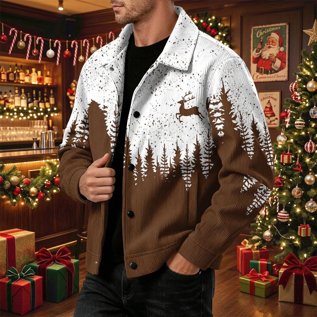 Men's Casual Long Sleeve Loose Fit Notched Lapel Jacket with Christmas Print for