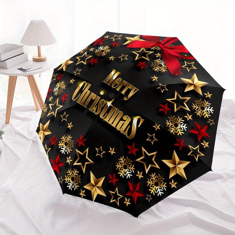 Merry Christmas Wreath: Festive Gold & Red DecorUmbrella, Portable 3-Fold Compact Umbrella,Christmas Gift ES414