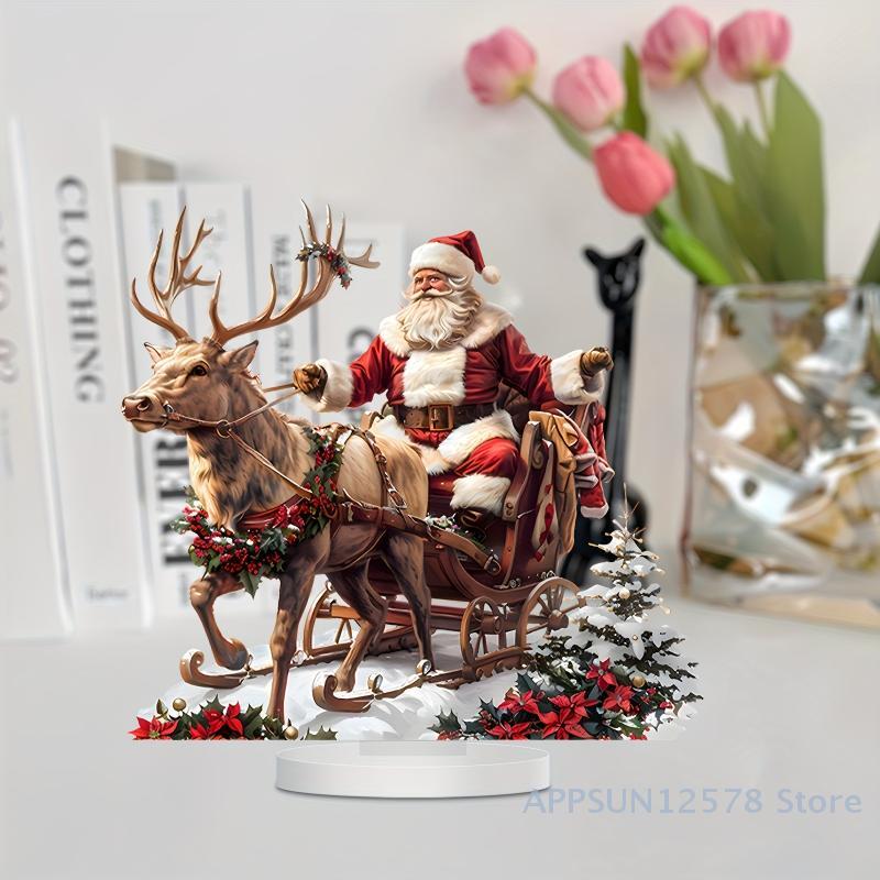Santa Claus Reindeer Sled Acrylic Ornament – Tabletop Decoration with Base for Christmas, Navidad, and Holiday Parties