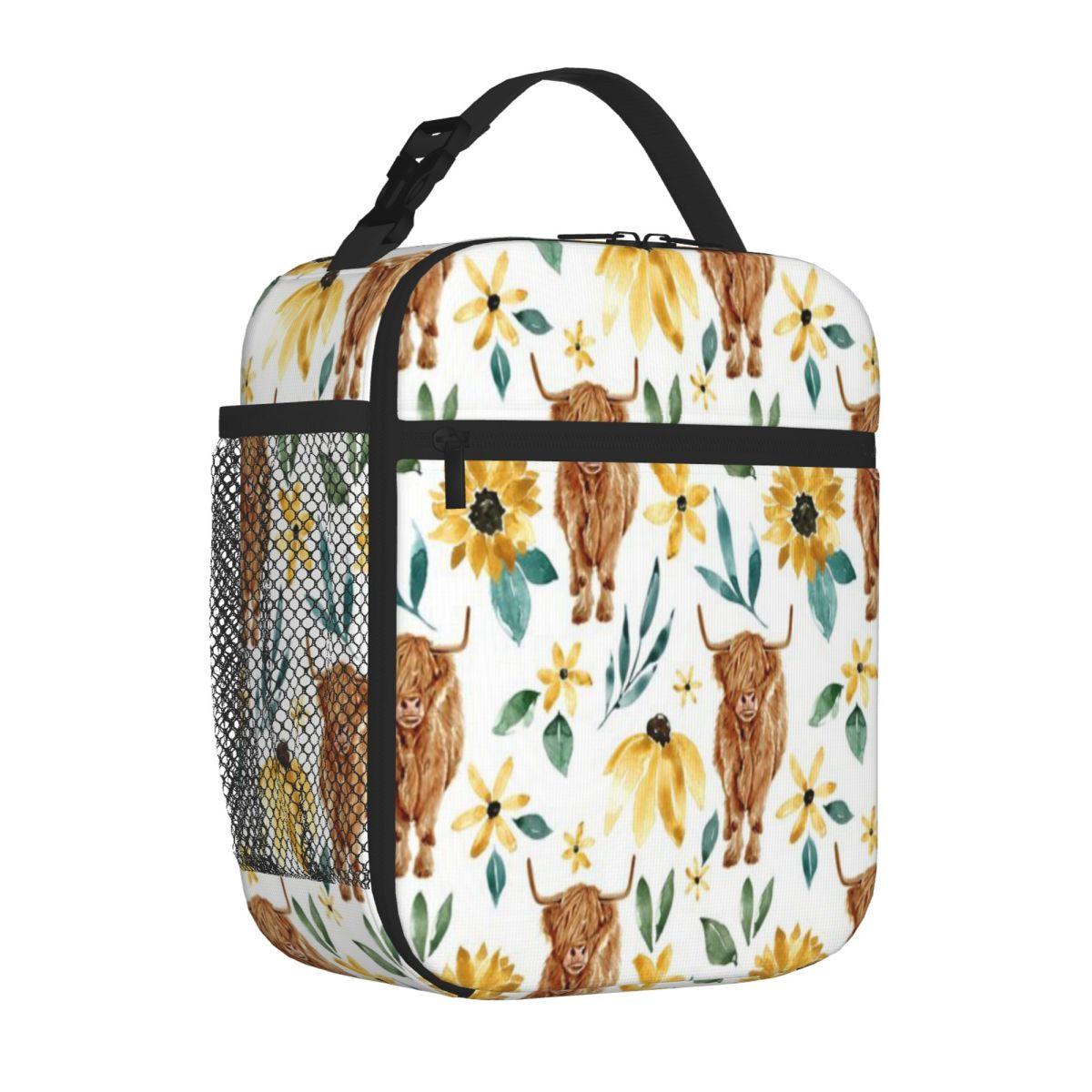 Bestselling Highland Cow With Sunflowers Mens Style Thermal Lunch Bag Camping Meal Small Lunch Bag One Size