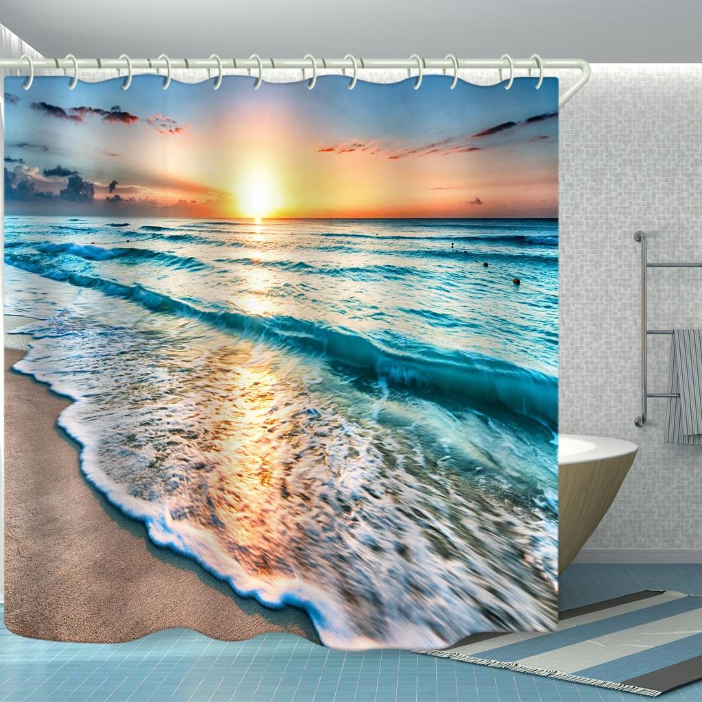Bathroom Uses Beach Sunset 3D Shower Curtains, Luxurious Bathtub Standard Shower Curtains, Waterproof And Bright Fabric Shower C