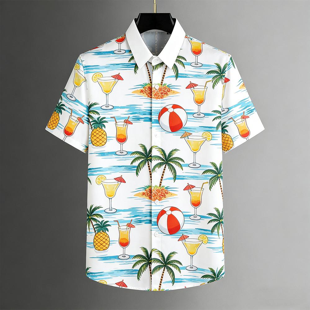 Men's Summer Fashion Short Sleeve Lapel Shirt Fun Pattern Sunset Coconut Tree 3D Printed Shirt Beach Beach Clothes Casual Tops