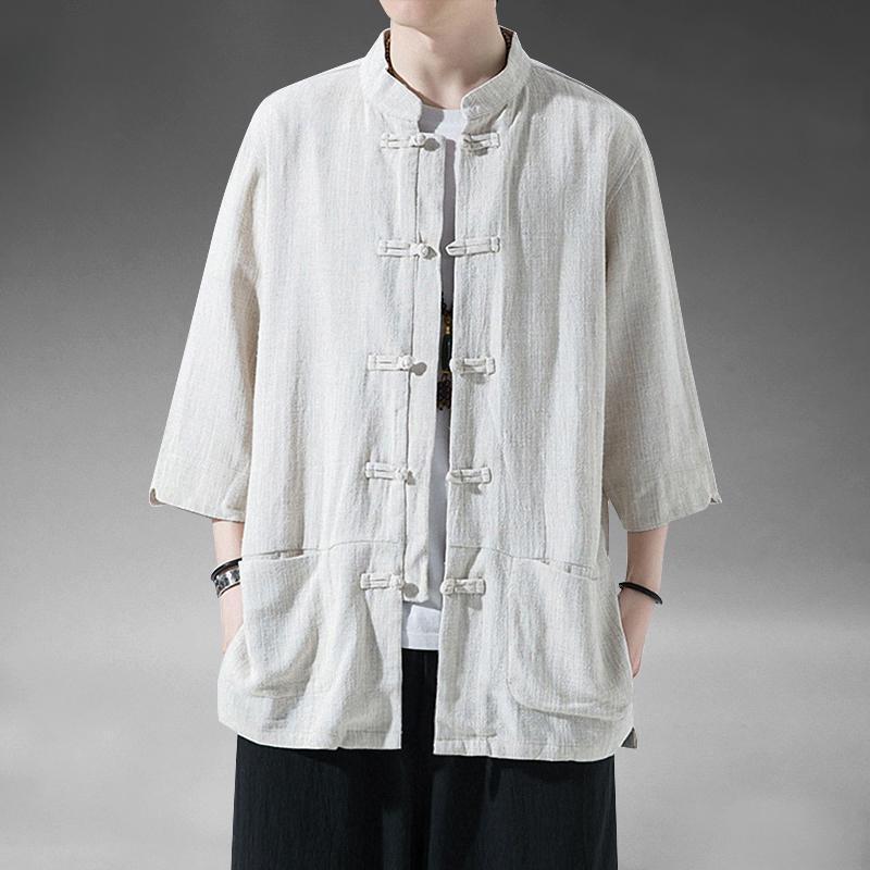 Costum Tang de vară în stil chinezesc din in cu mânecă scurtă pentru bărbați, Hanfu retro cu mânecă cinci sferturi, bumbac și in pentru laici, mărime mare, costum de ceai cu mânecă scurtă