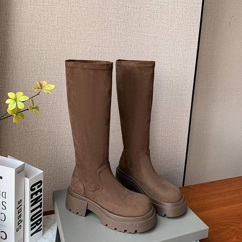 Autumn and winter leather knight boots women's sleeve cowhide large size women's boots solid color non-slip cowhide high heel thick-soled high boots
