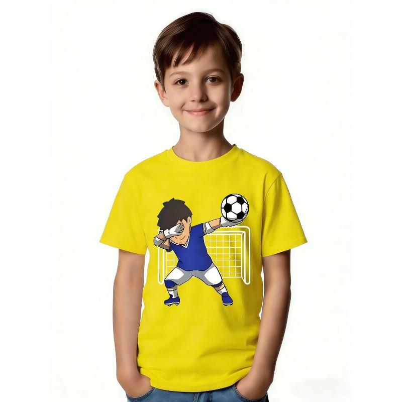 European sizes Cute Cartoon Style Boys And Girls Soccer Goalkeeper T-Shirt - Blue V-Neck Short Sleeves, Fun Pattern Design