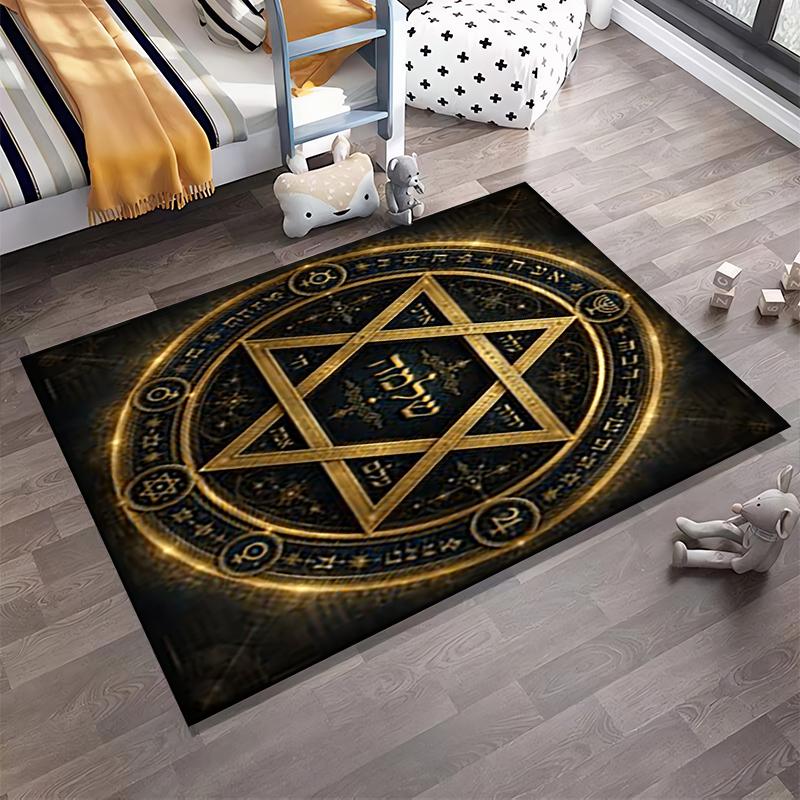 Estrella de David Dorada con Símbolos Hebreos Alfombra Antideslizante Adecuada para Sofás de Sala de Estar y Dormitorio
