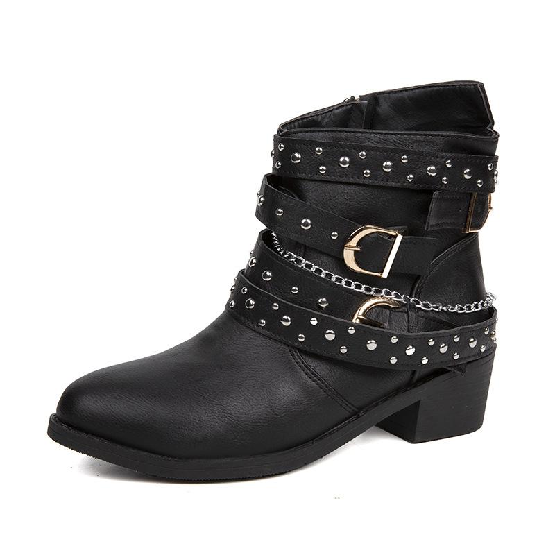 Women Low Heel Block Chunky Ankle Boots Buckle Accents Faux Leather Upper Rubber Sole Pointed Toe Trendy