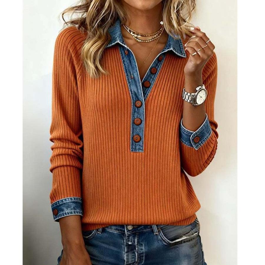 Damen Ins Stil Denim Langarm Rundhals Patchwork Strickoberteil