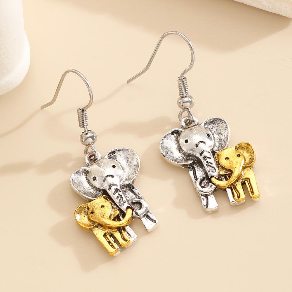 Retro Fashion Double Color Mother Elephant and Baby Elephant Pendant Dangle Earrings for Women Creative Jewelry Accessories Gift