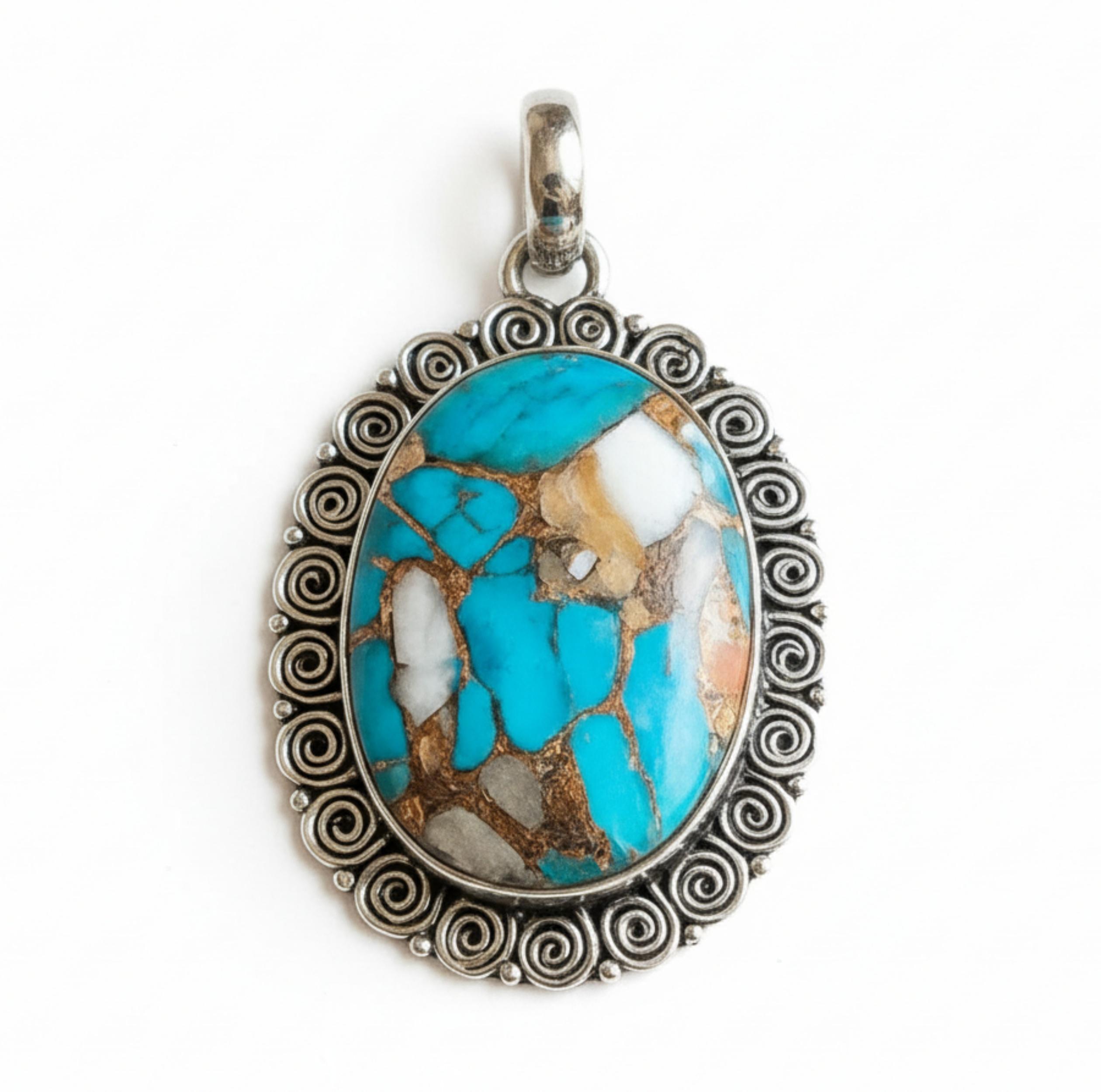 

Oyster Copper Turquoise Pendant, 925 Solid Sterling Silver, Filigree Matrix Stone Pendant серебряный