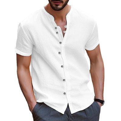 Summer White Shirt Men Cotton Linen Tops Man Short Sleeve Buttons Solid Color Blue Black Shirts