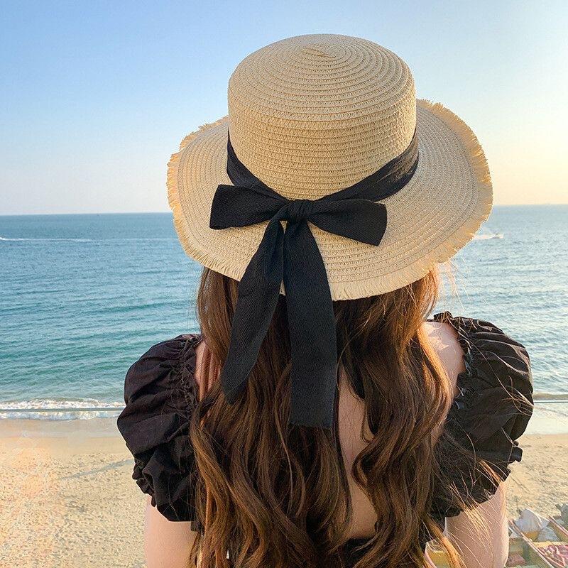 Straw Hat Seaside Hat Ins Lace-up Straw Hat Women's Travel Sunscreen Beach Sun Hat Lace Sun Hat