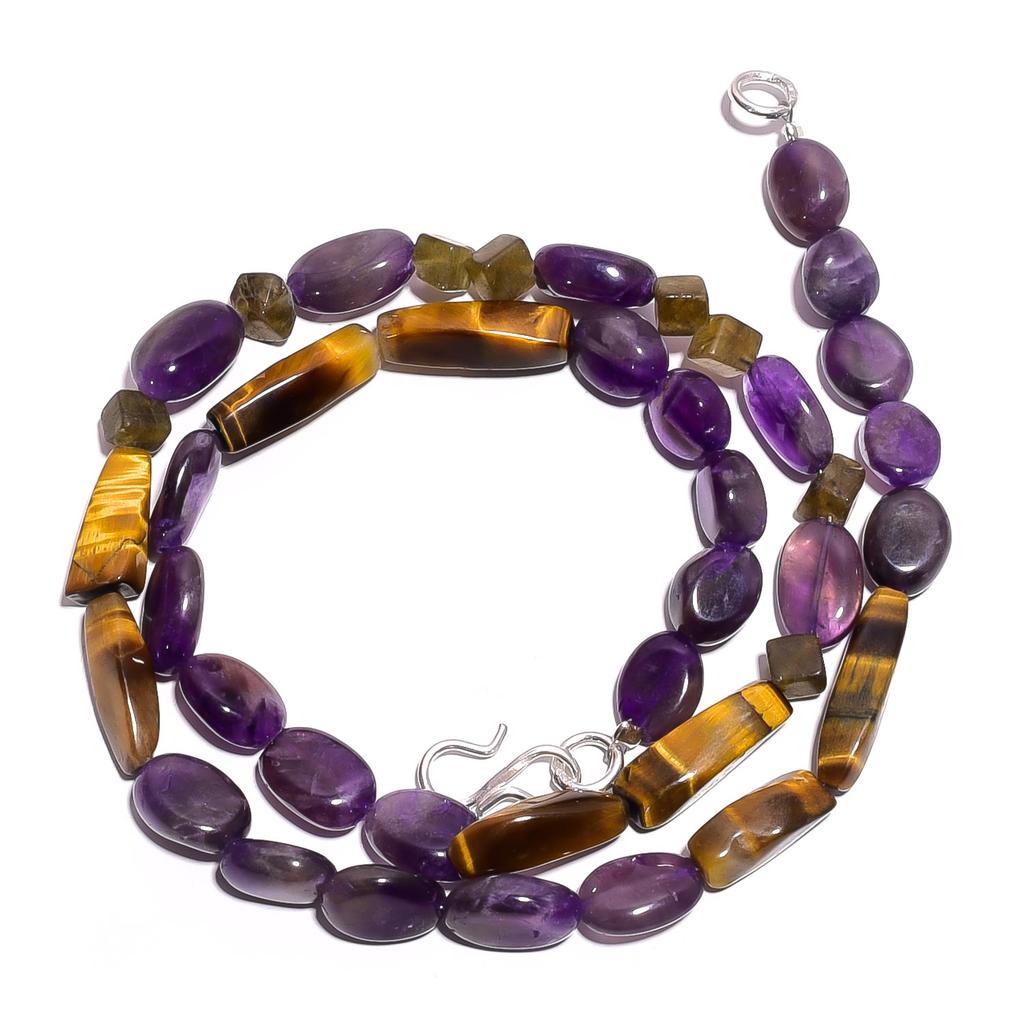 Natural Amethyst Tiger Eye Labradorite Gemstone Smooth Beads Necklace 17" UB5028 UB-5028