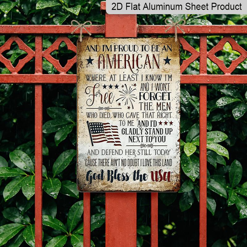 2D Flat, 1pc Vintage "Proud To Be An American" Aluminium Sign - 8"x12" Rustic Patriotic Lyrics Decor, USA Flag Wall Art, Perfect for Independence Day