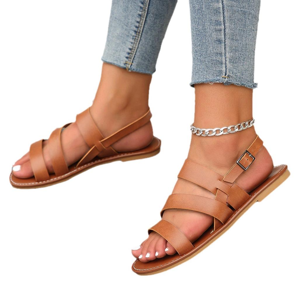 2025 New Women's Solid Color Faux Leather Flat Sandals, Casual Open Toe Summer Shoes, Lightweight Ankle Strap Sandals