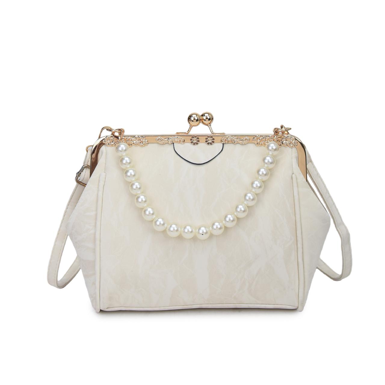 

Elegant Velvet Kiss Lock Evening Clutch Women s Vintage Pearl Chain Shoulder Crossbody Bag Luxury Soft Fabric Handbag бежевый
