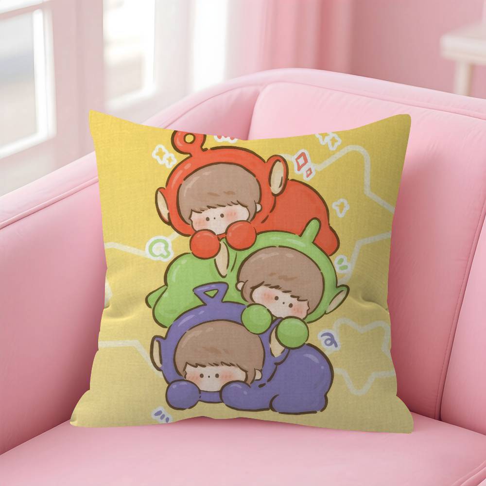 Cute Teletubbies Cartoon Cushion Cover 30X50 Polyester Sofa Cushions Decorative Throw Pillows Home Decoration Pillowcover Peach skin 18*18(CM)-1Pcs