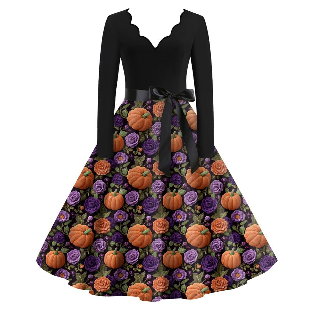 Moda casual feminina manga longa Halloween gráfico impresso vintage vestidos longos