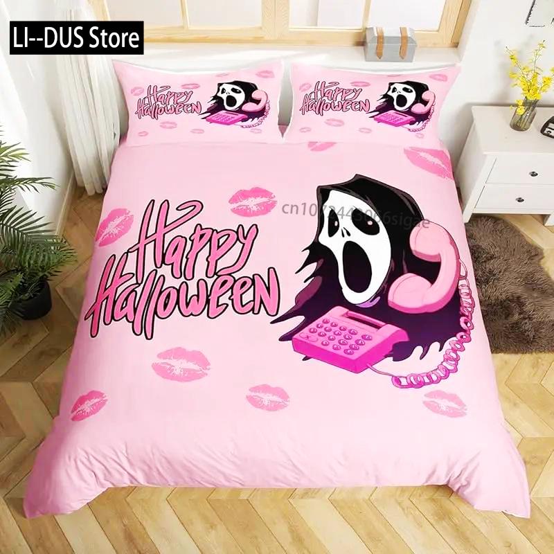 

Halloween Bedding Set 3/4-pcs Pink Cartoon Skeleton Duvet Set Funny Horror Ghost 2 pillowcases,1 Bed Sheet And 1 Duvet Cover EU single(135x200cm)
