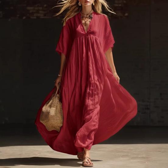 Damen Kurzarm A-Linien Swing Kleid, V-Ausschnitt Plissiert Fließendes Langes Kleid, Sommer Lässig Strandurlaub Sommerkleid