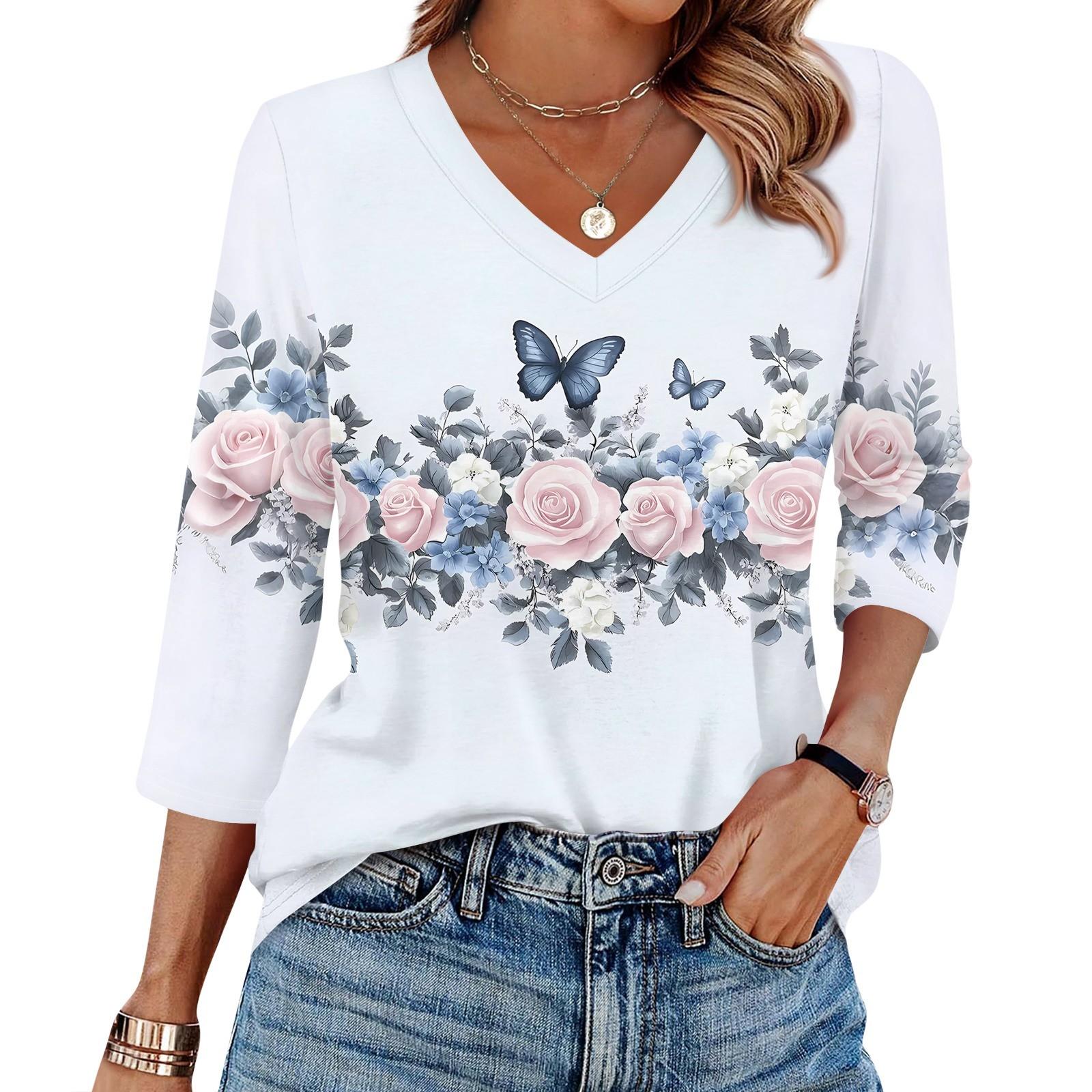 

Женская футболка с принтом, рукав 3/4, повседневная мода на выходные, базовый топ с V-образным вырезом XL белый