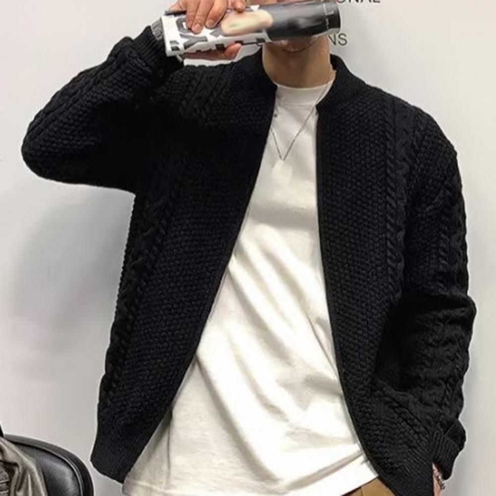 Fall Winter Men Sweater Cardigan Round Neck Knit Thick Elastic Long Sleeves Relaxed Fit Warm One Tone Zip-up Knitwear Daily Wear Sw