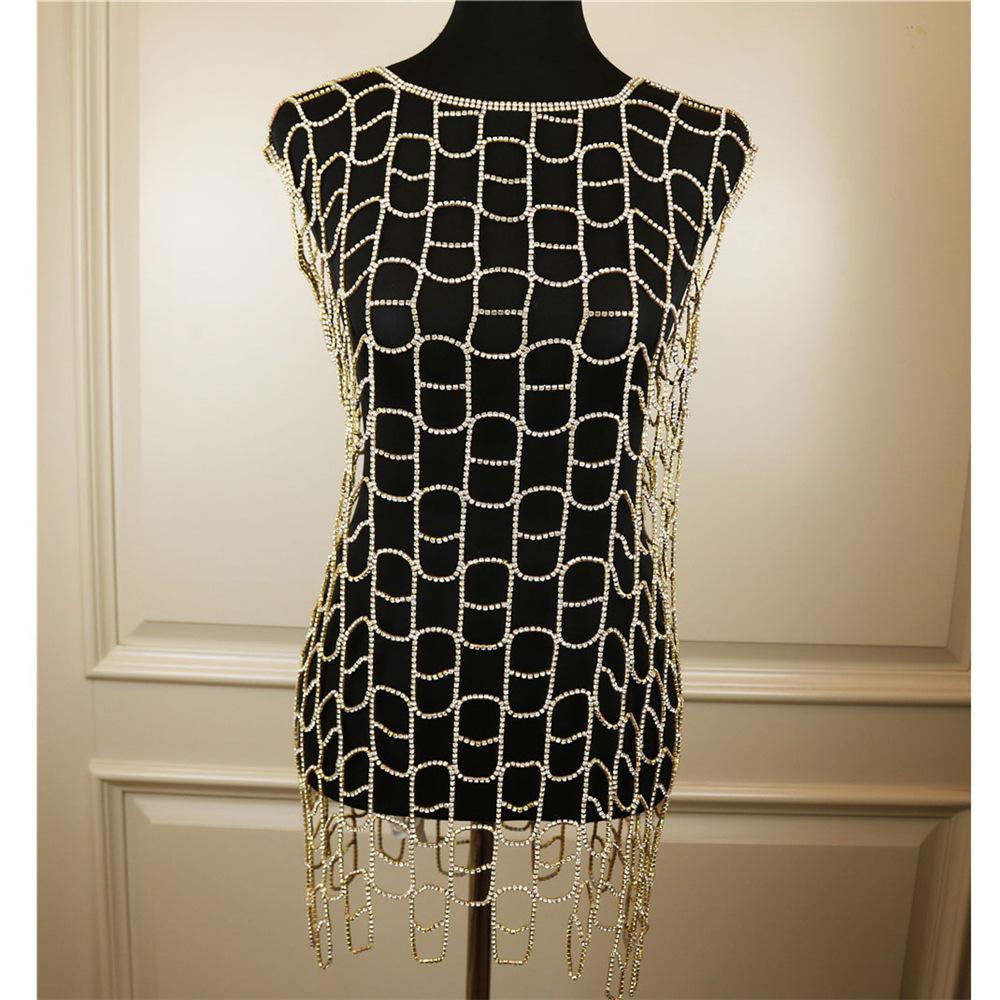 Rhinestone Hollow Long Dress Sexy Rhinestone Body Chain Bra Panties Integrated Chain Party Catwalk Set