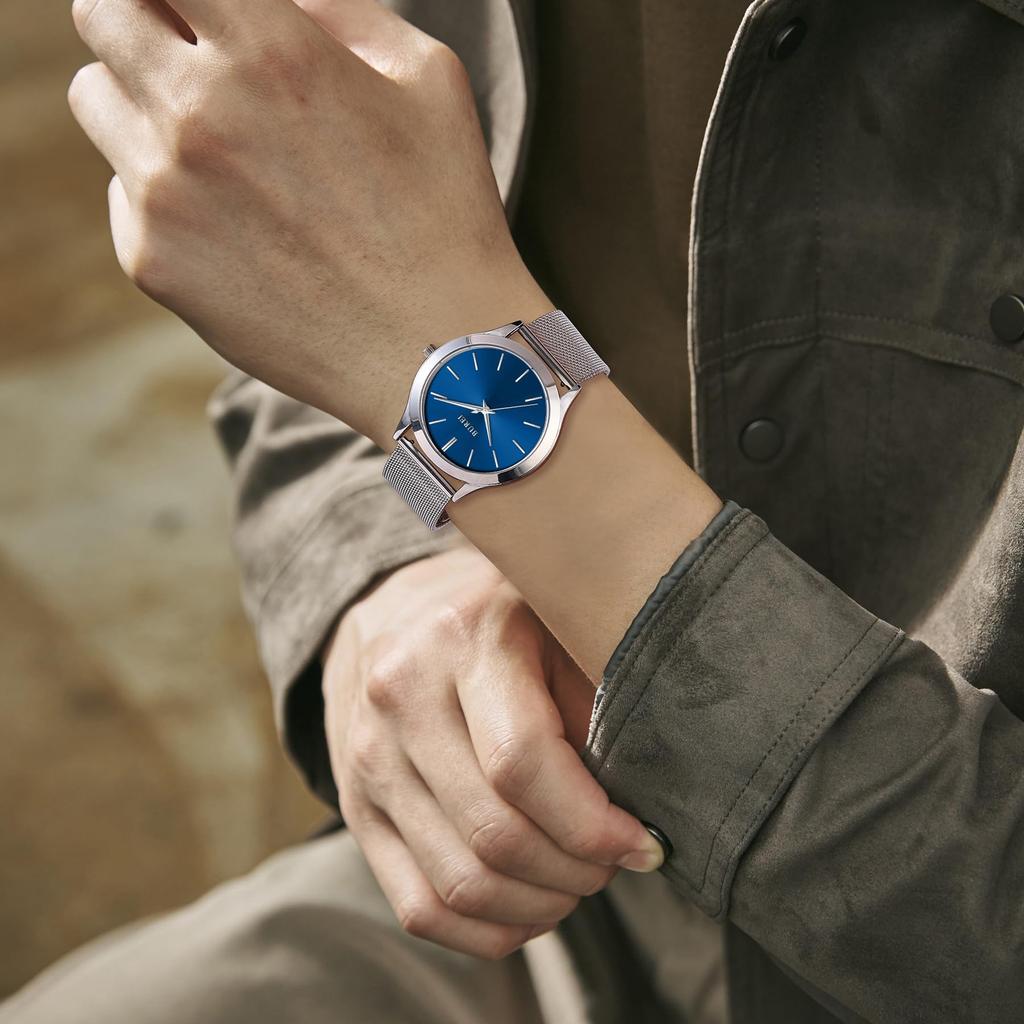 BUREI Men's Analog Quartz Watch, Waterproof, Mesh Band, Silver, Popular, Slim, Simple, Stylish, Business, Casual, Men's Watch (Blue, Stainless Steel)