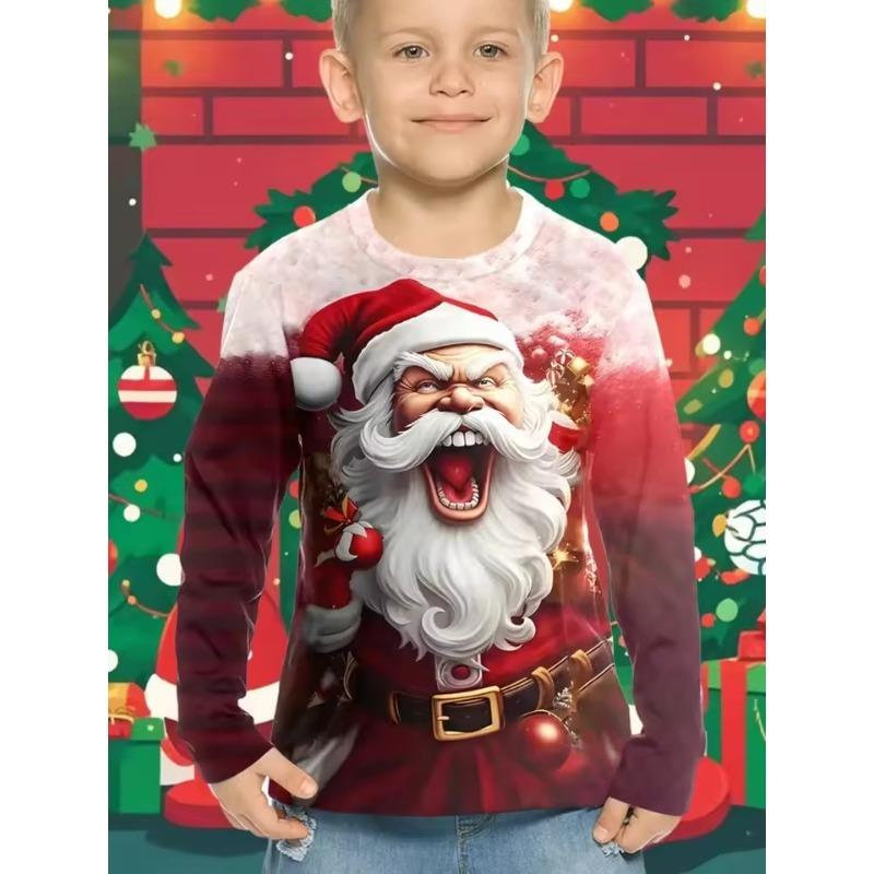 

Рождественская детская футболка Модный принт Мальчик Футболка с длинным рукавом Милый круглый вырез Унисекс Топ Праздничная Повседневная Детская одежда 170