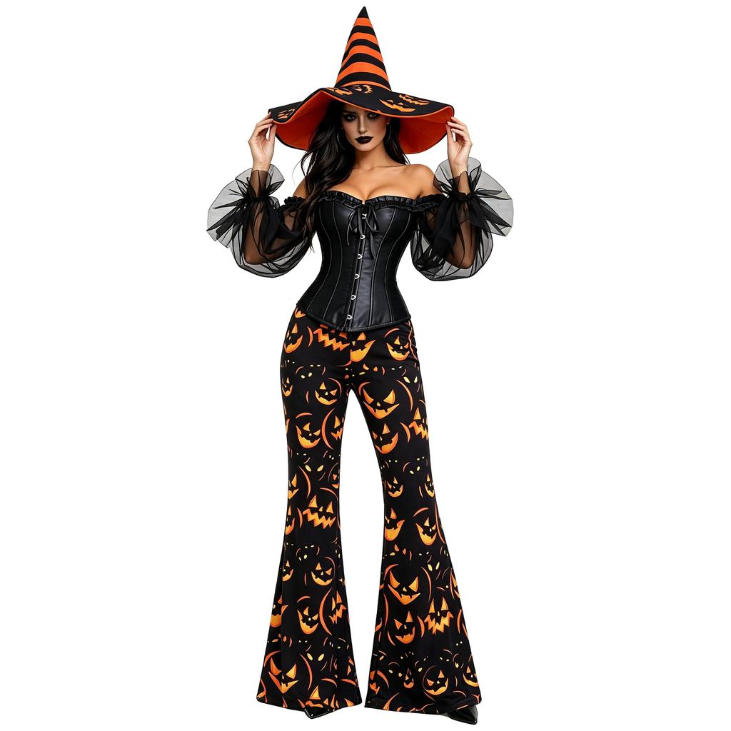 Halloween Pumpkin Witch Dark Witch Costume Set Off-Shoulder Mesh Sleeves Shapewear Pumpkin Trumpet Pants