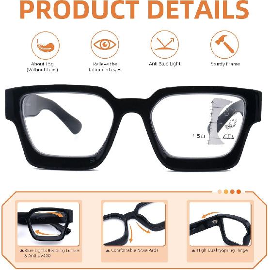 3 Pack Progressive Multifocal Reading Glasses for Women Retro Square Multifocus Readers Blue Light Computer Glasses