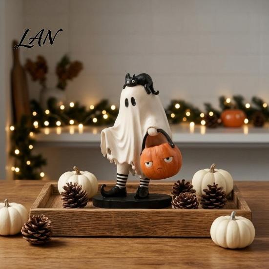 Handcrafted Resin Figures Cute Ghost Statue, Black Cat Holding Pumpkin Bucket Ornament, Statue Halloween Figurine for Home Holiday Party Table Mantel