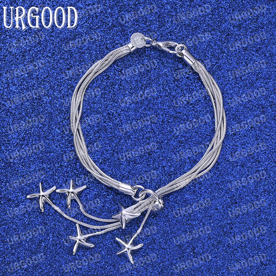 925 Sterling Silver Five Solid Starfish Chain Bracelet Fashion Wedding Jewelry