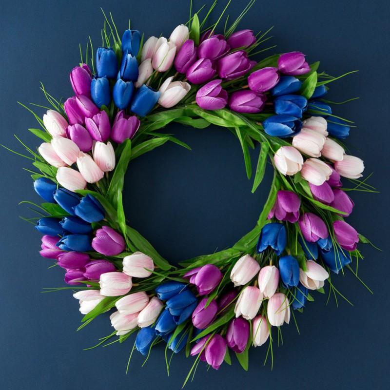 Artificitial Tulip Wreath Front Door Hanging Decoration 40cm Floral Garland Wall Pendant for Home Decor Wedding