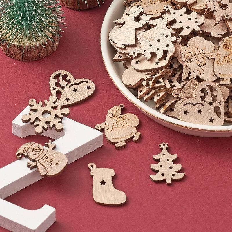 50pcs Unfinished Wooden Mini Christmas Craft Ornaments Cutouts for DIY Projects, Holiday Decor, and Home Embellishments