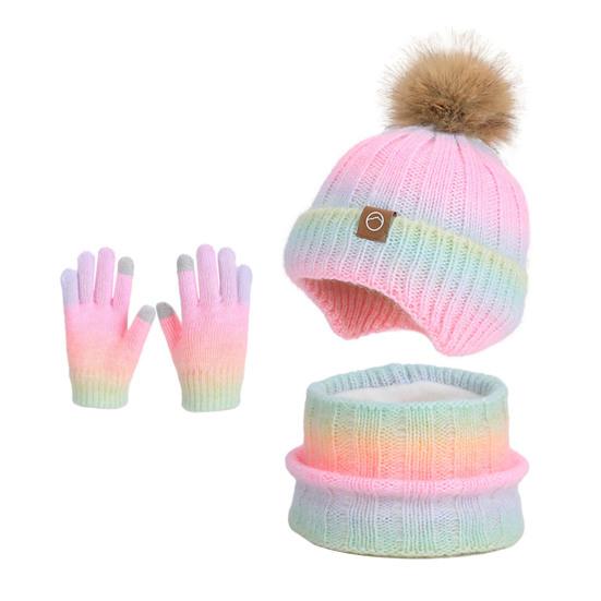 3Pcs/Set Kids Winter Knitted Scarf Gloves Set Pom Pom Ball Rainbow Color Brimless Hat Touchscreen Gloves Neck Warmer Set
