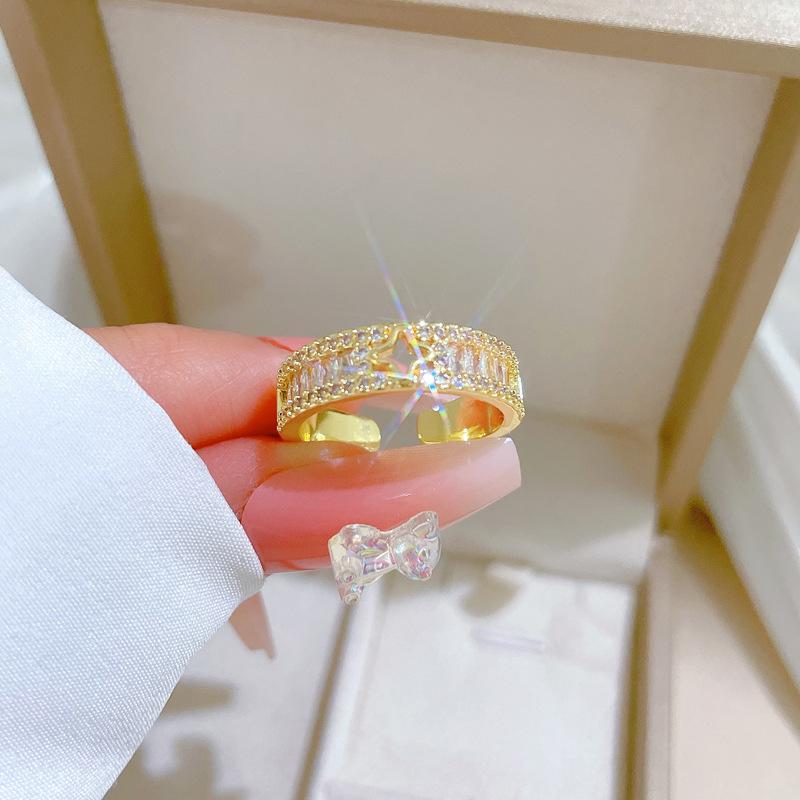 Real Gold Light Luxury Lucky Grass Full Diamond Ring Opening Adjustable Simple Jewelry Japanese Ring Couple Ring