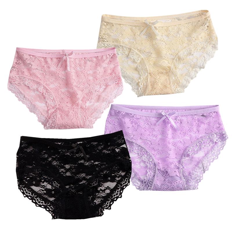 

4 шт. женское сексуальное нижнее белье, кружевные дышащие трусы, дышащие сетчатые трусы с кружевной отделкой L