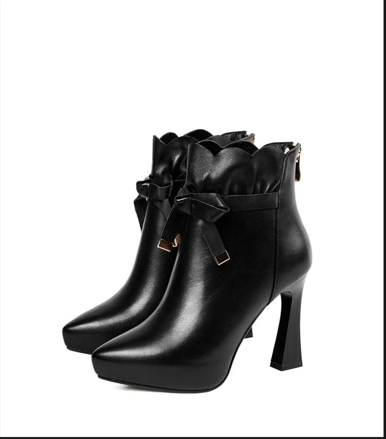 Elegant Shoes Women Super High Thin Heel Pointed Toe Butterfly-knot Spring and autumnOutside Warm Office Ankle Boots