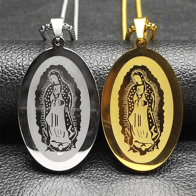 Katholische Jungfrau Maria Medaillen Halskette für Damen Herren Edelstahl Goldfarbe Religiöse Guadalupe Gebetskette Schmuck NZZZ939S02